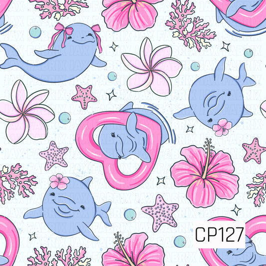 A seamless pattern featuring cute blue dolphins, pink heart floats, hibiscus flowers, starfish, coral, and bubbles on a soft white speckled background. Perfect for tropical and beach-themed projects.
