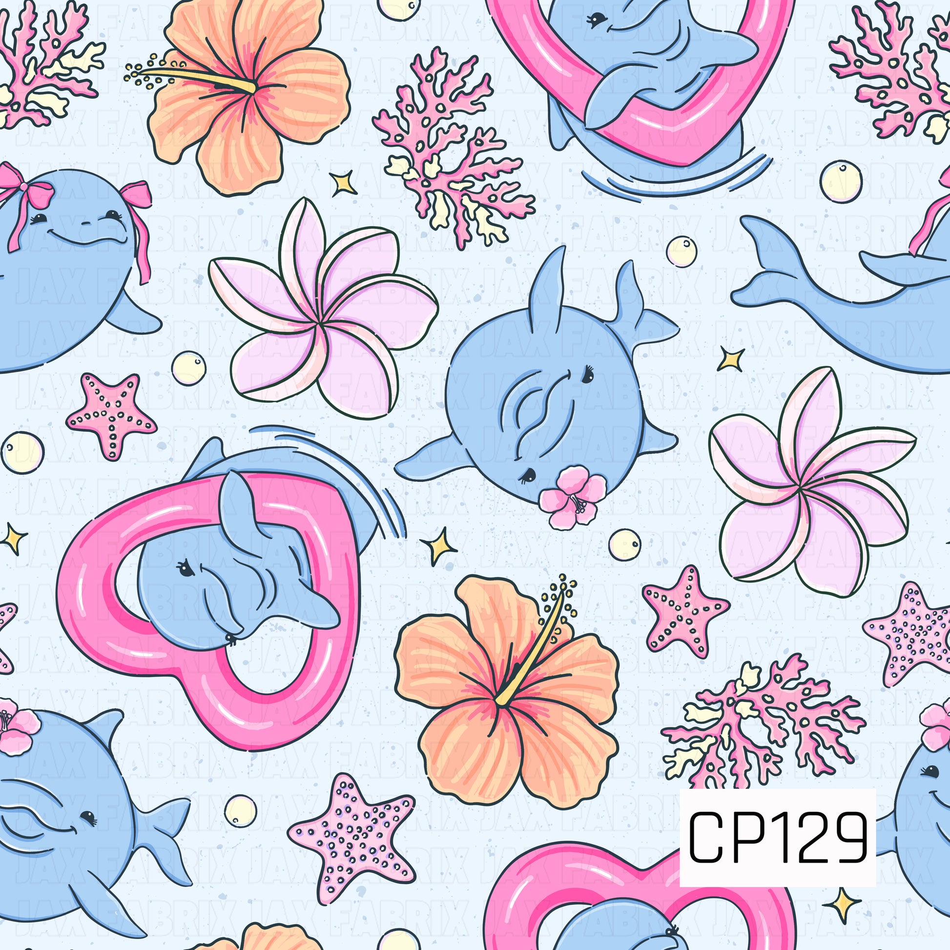 A seamless pattern featuring cute blue dolphins, pink heart-shaped swim floats, coral, starfish, plumeria blooms, and peach hibiscus flowers on a soft light blue speckled background. Perfect for tropical and beach-themed projects.

