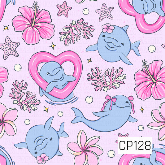A seamless pattern featuring cute blue dolphins, pink hibiscus flowers, coral, plumeria blooms, starfish, and heart-shaped swim floats on a soft pink background. Perfect for tropical and beach-themed projects.
