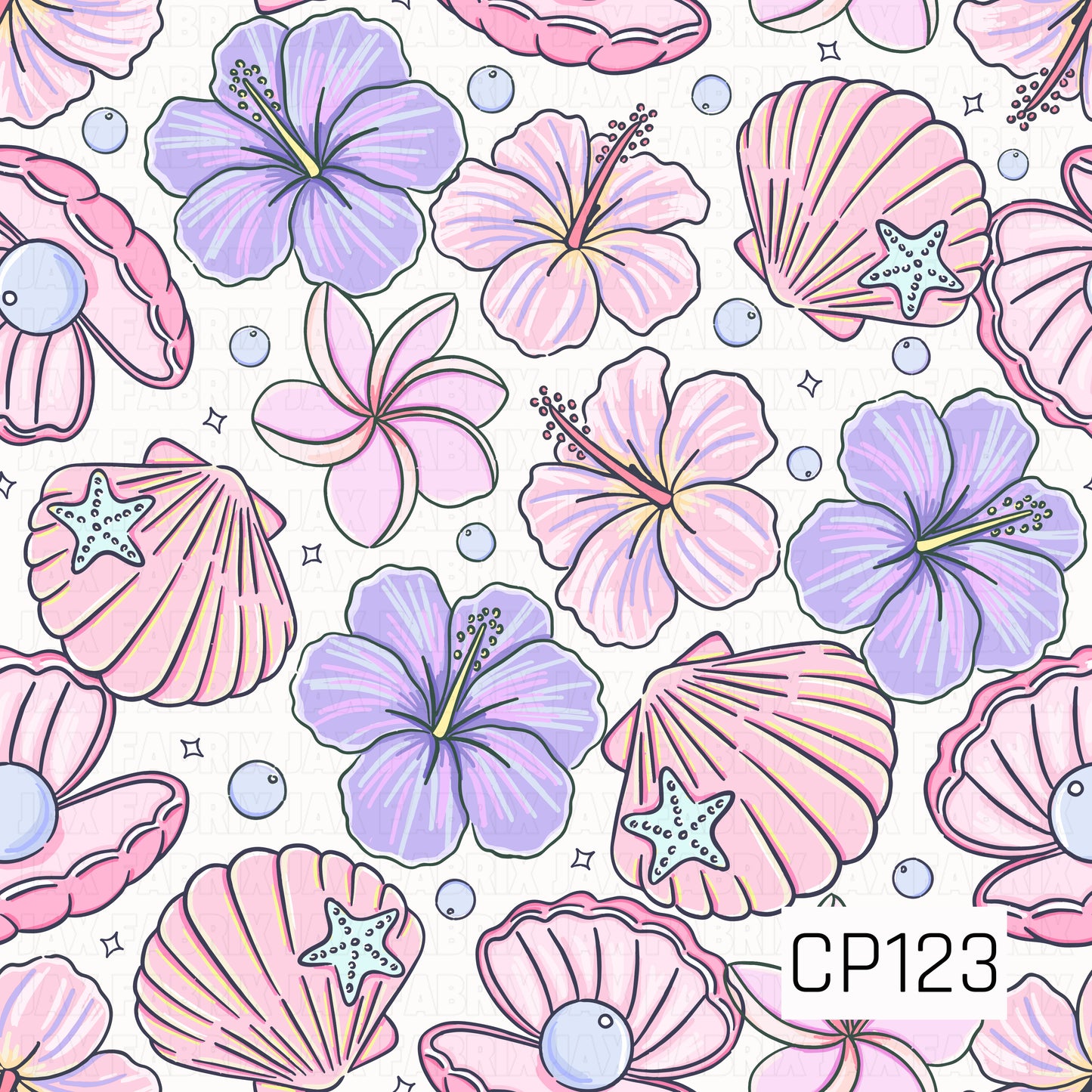 This seamless pattern features hand-painted tropical hibiscus flowers, seashells, pearl oysters, starfish, and plumeria blooms scattered across a crisp white background. Soft shades of pink, lavender, and periwinkle create a dreamy coastal palette, accented with delicate bubbles and tiny stars for a whimsical beach-inspired look.
