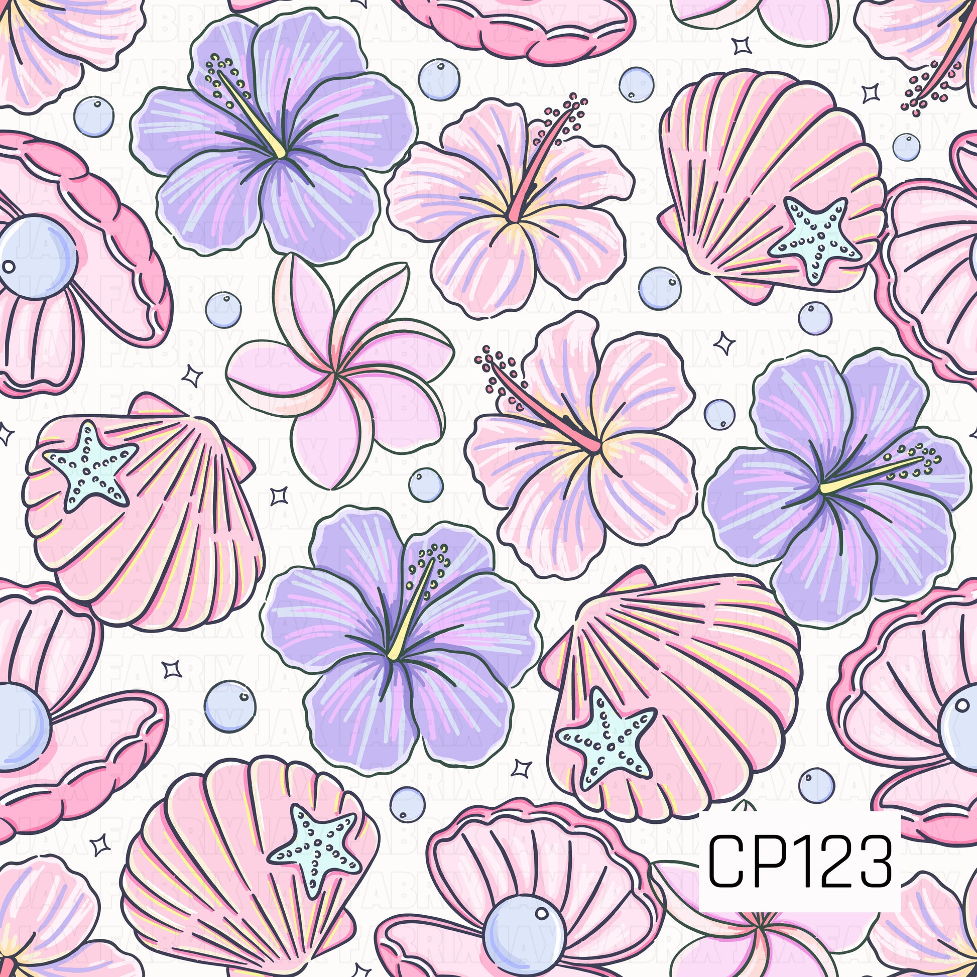 This seamless pattern features hand-painted tropical hibiscus flowers, seashells, pearl oysters, starfish, and plumeria blooms scattered across a crisp white background. Soft shades of pink, lavender, and periwinkle create a dreamy coastal palette, accented with delicate bubbles and tiny stars for a whimsical beach-inspired look.
