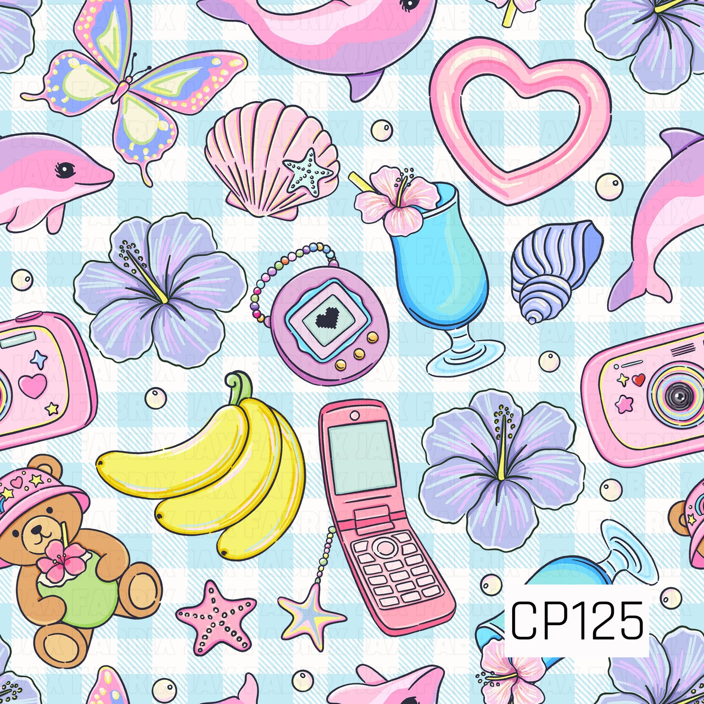 This seamless pattern features a playful mix of tropical and nostalgic icons on a light blue gingham background. Dolphins, hibiscus flowers, seashells, butterflies, cameras, flip phones, a virtual pet device, bananas, teddy bears, tropical drinks, and beach-inspired accents come together in soft shades of pink, purple, blue, and yellow for a fun, retro summer aesthetic.
