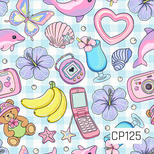 This seamless pattern features a playful mix of tropical and nostalgic icons on a light blue gingham background. Dolphins, hibiscus flowers, seashells, butterflies, cameras, flip phones, a virtual pet device, bananas, teddy bears, tropical drinks, and beach-inspired accents come together in soft shades of pink, purple, blue, and yellow for a fun, retro summer aesthetic.
