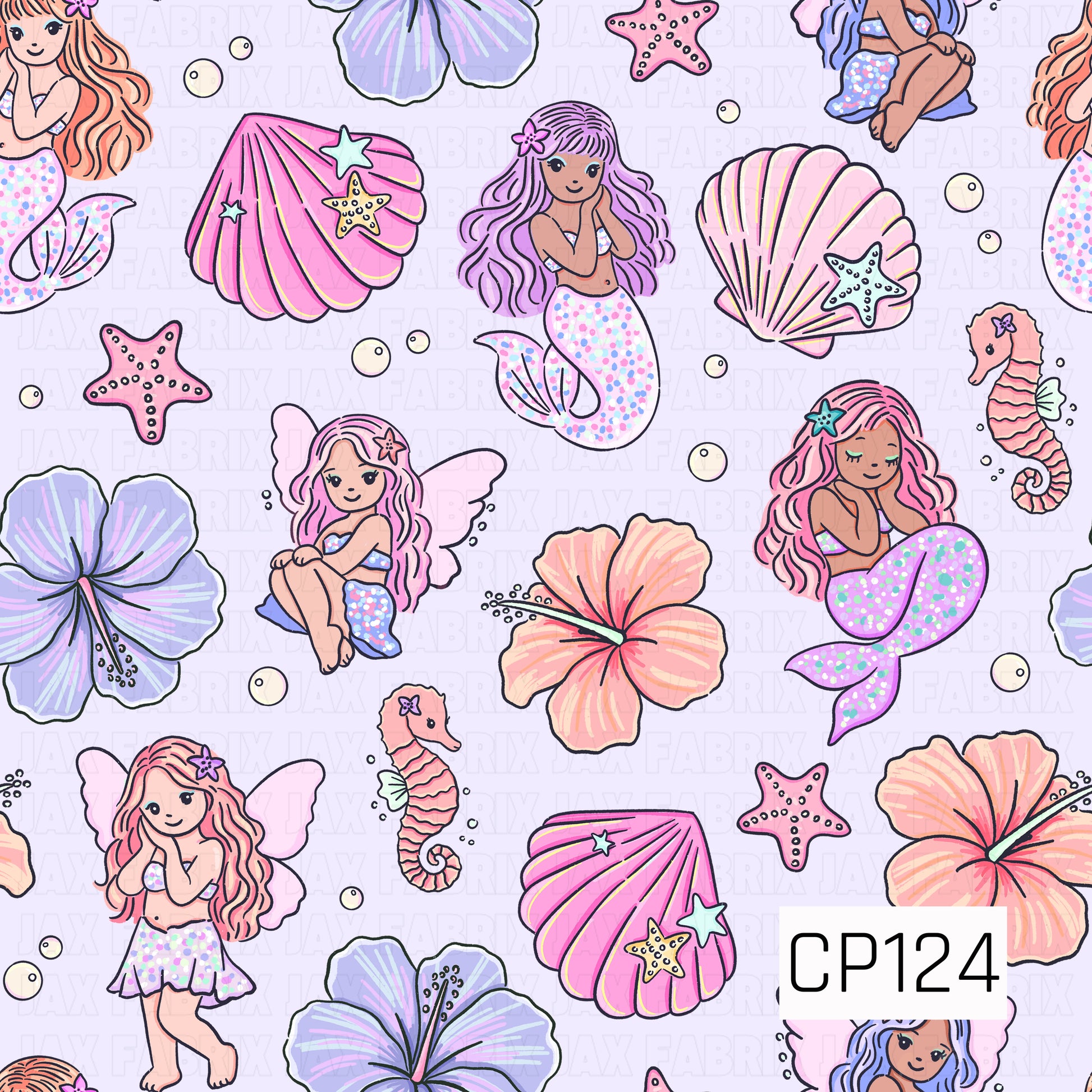 This seamless pattern features whimsical mermaids, fairy girls, tropical hibiscus flowers, seashells, seahorses, and starfish scattered across a soft lavender background. Shades of pink, purple, peach, and aqua create a dreamy coastal palette, with sparkling tails and delicate ocean details adding a magical, beach-inspired feel.

