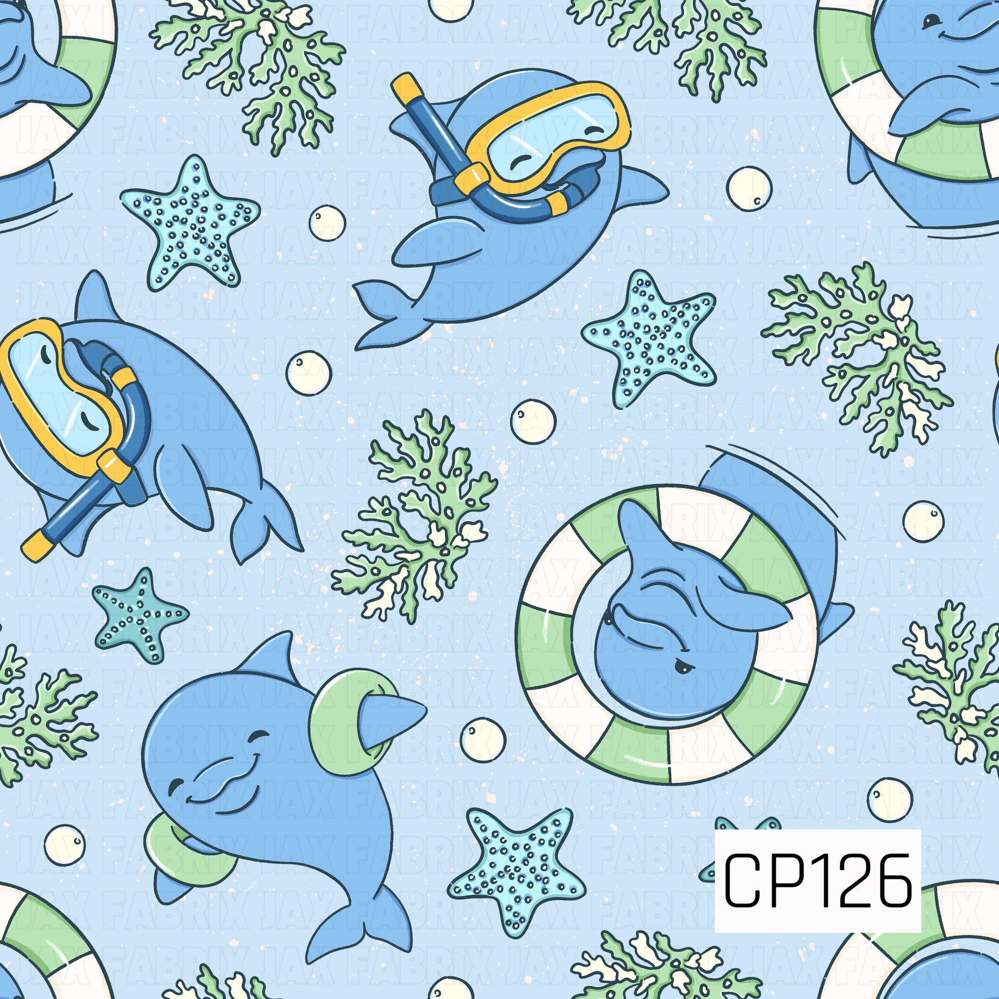 This seamless pattern features playful blue dolphins swimming, snorkeling, and floating in green-and-white swim rings on a soft sky blue background. Starfish, sea coral, and scattered bubbles complete the cheerful underwater scene, creating a fun coastal design in shades of blue, mint green, and white.
