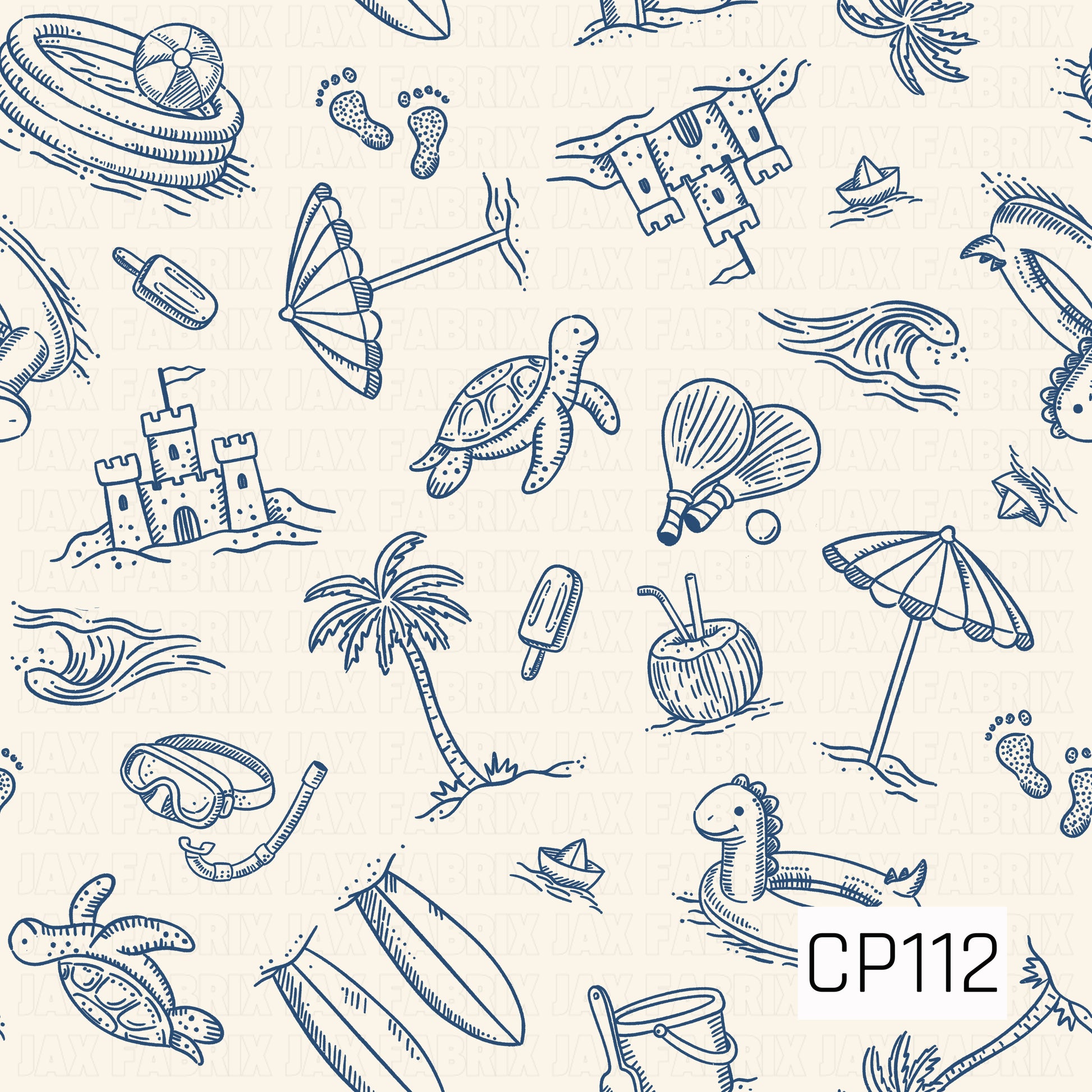 A beach-themed pattern featuring detailed navy blue line art illustrations on a warm cream background. The design includes sandcastles, sea turtles, palm trees, beach umbrellas, surfboards, waves, seashells, coconuts, popsicles, snorkel gear, inflatable toys, beach paddles, sailboats, and playful seaside accents, creating a clean, coastal-inspired sketch style.

