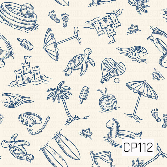 A beach-themed pattern featuring detailed navy blue line art illustrations on a warm cream background. The design includes sandcastles, sea turtles, palm trees, beach umbrellas, surfboards, waves, seashells, coconuts, popsicles, snorkel gear, inflatable toys, beach paddles, sailboats, and playful seaside accents, creating a clean, coastal-inspired sketch style.
