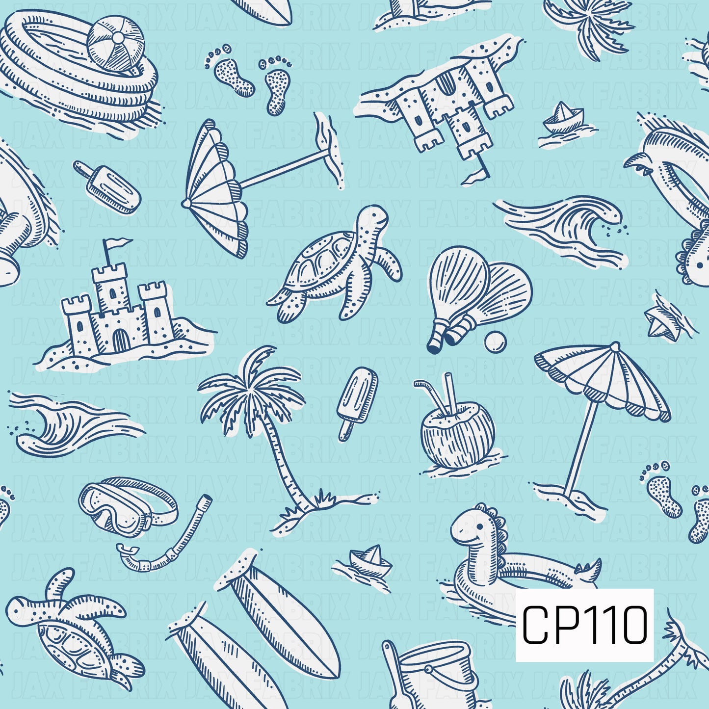 A beach-themed pattern featuring hand-drawn line art illustrations of sandcastles, sea turtles, palm trees, beach umbrellas, surfboards, waves, seashells, coconuts, popsicles, snorkel gear, inflatable toys, beach paddles, sailboats, and playful seaside accents. The design is illustrated in deep navy blue on a bright aqua background, creating a fresh coastal aesthetic.
