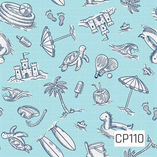 A beach-themed pattern featuring hand-drawn line art illustrations of sandcastles, sea turtles, palm trees, beach umbrellas, surfboards, waves, seashells, coconuts, popsicles, snorkel gear, inflatable toys, beach paddles, sailboats, and playful seaside accents. The design is illustrated in deep navy blue on a bright aqua background, creating a fresh coastal aesthetic.
