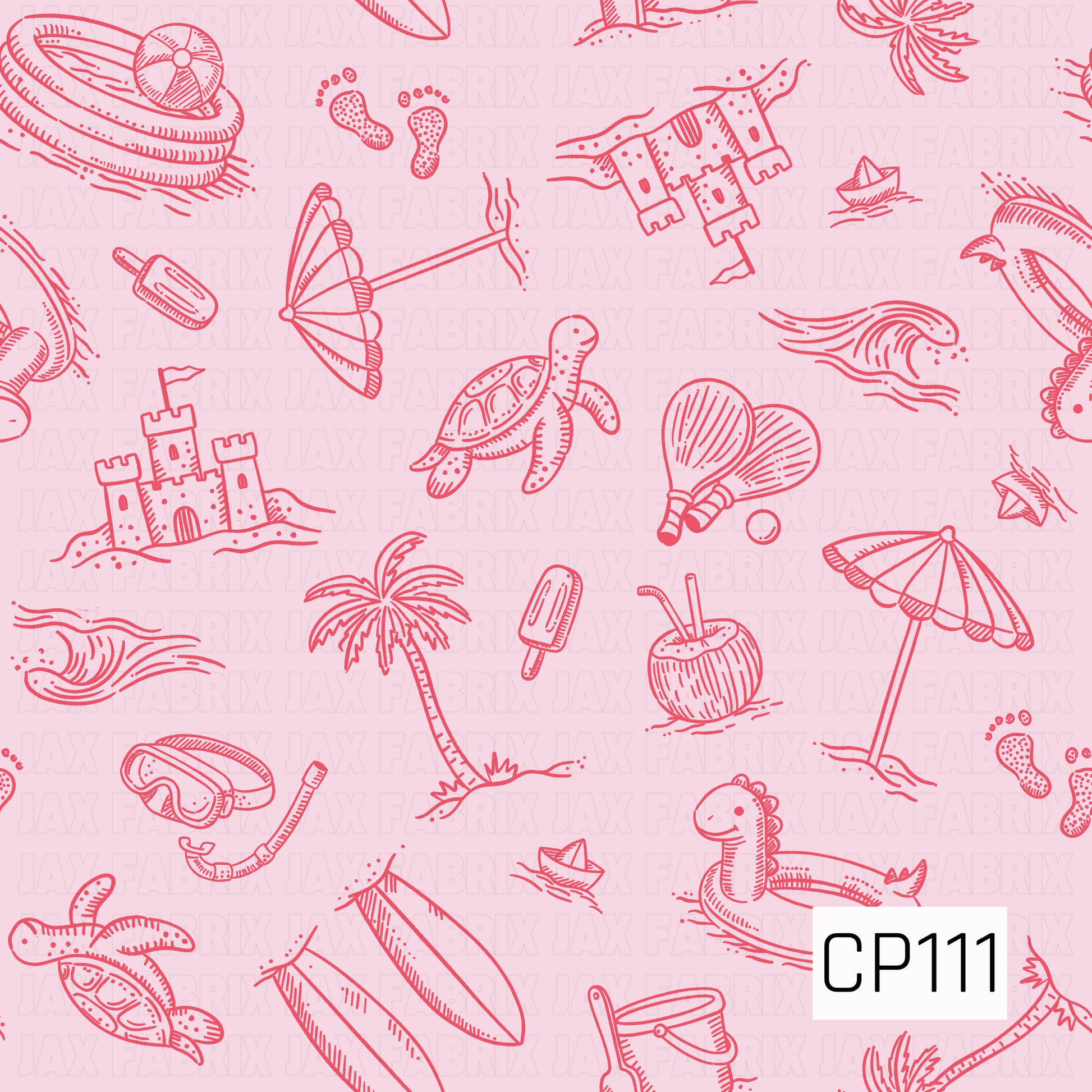 A beach-themed pattern featuring hand-drawn line art illustrations of sandcastles, sea turtles, palm trees, beach umbrellas, surfboards, waves, seashells, coconuts, popsicles, snorkel gear, inflatable toys, beach paddles, sailboats, and playful seaside accents. The design is illustrated in bright coral pink on a soft blush pink background, creating a fun monochromatic coastal look.
