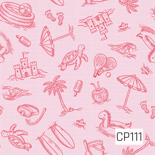 A beach-themed pattern featuring hand-drawn line art illustrations of sandcastles, sea turtles, palm trees, beach umbrellas, surfboards, waves, seashells, coconuts, popsicles, snorkel gear, inflatable toys, beach paddles, sailboats, and playful seaside accents. The design is illustrated in bright coral pink on a soft blush pink background, creating a fun monochromatic coastal look.

