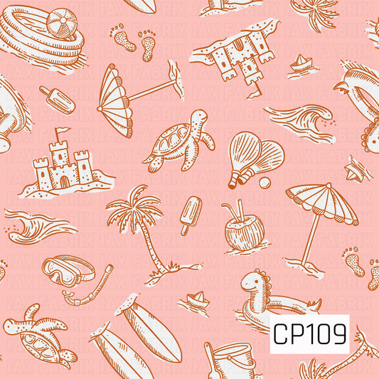 A beach-themed pattern featuring hand-drawn line art illustrations of sandcastles, sea turtles, palm trees, beach umbrellas, surfboards, waves, seashells, coconuts, popsicles, snorkel gear, inflatable toys, beach paddles, sailboats, and playful seaside accents. The design is illustrated in warm caramel brown on a soft blush pink background, creating a fun vintage coastal aesthetic.

