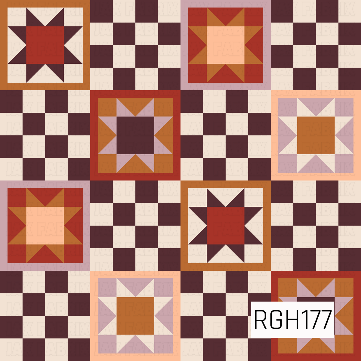 A vintage-inspired quilt pattern featuring alternating patchwork star blocks and small burgundy and cream checkerboard squares. The geometric stars showcase warm shades of rust, burnt orange, dusty mauve, peach, and deep burgundy, creating a cozy, rustic design with a charming retro feel.