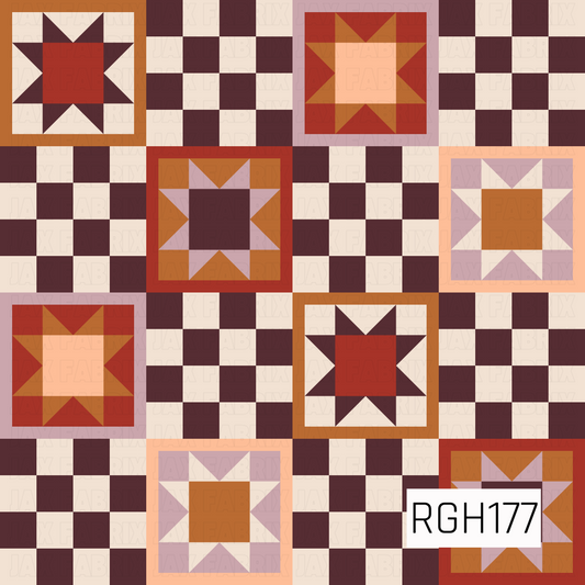 A vintage-inspired quilt pattern featuring alternating patchwork star blocks and small burgundy and cream checkerboard squares. The geometric stars showcase warm shades of rust, burnt orange, dusty mauve, peach, and deep burgundy, creating a cozy, rustic design with a charming retro feel.