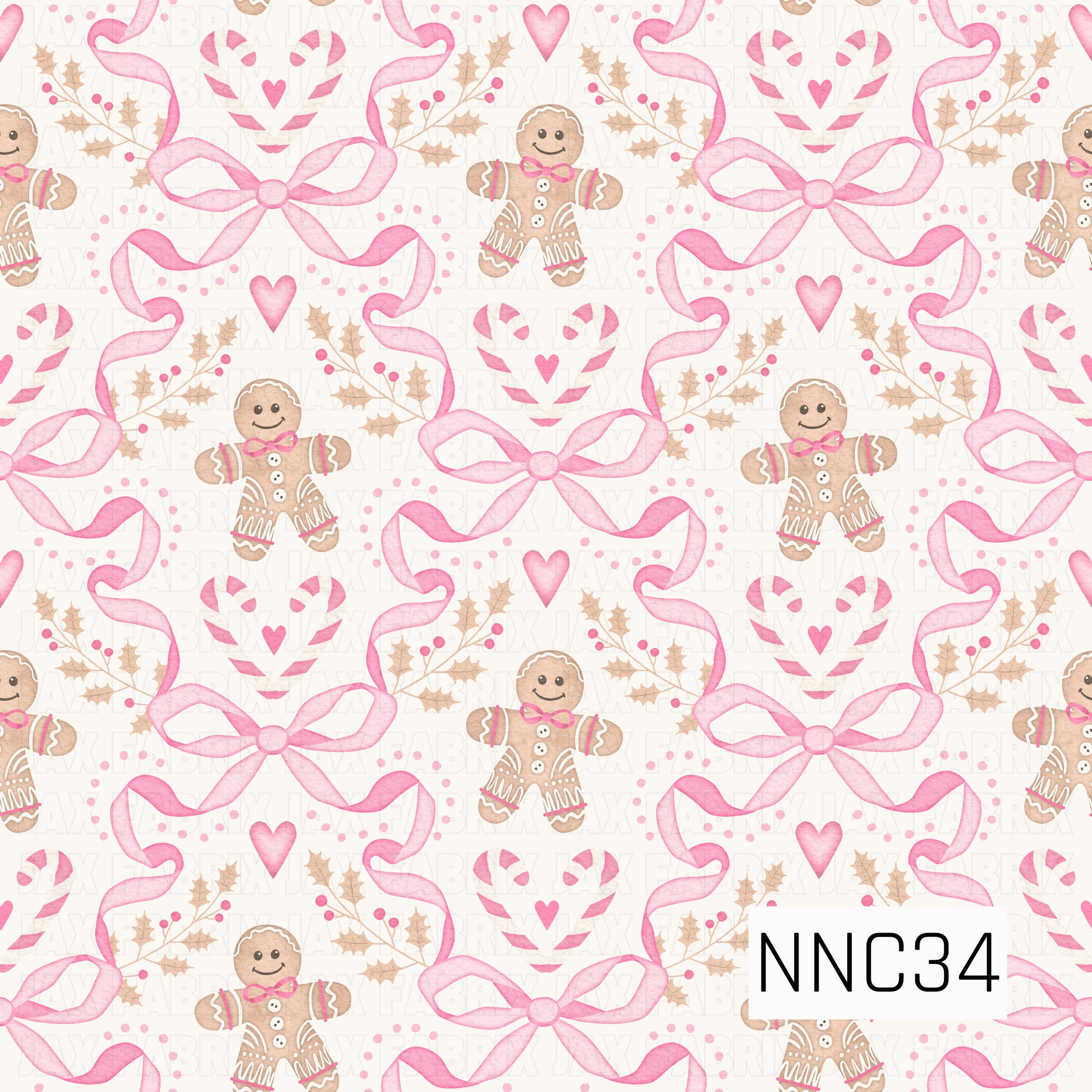 A playful watercolor Christmas pattern featuring gingerbread figures, oversized pink ribbon bows, candy-cane hearts, holly sprigs, and scattered hearts on warm white.