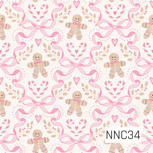 A playful watercolor Christmas pattern featuring gingerbread figures, oversized pink ribbon bows, candy-cane hearts, holly sprigs, and scattered hearts on warm white.