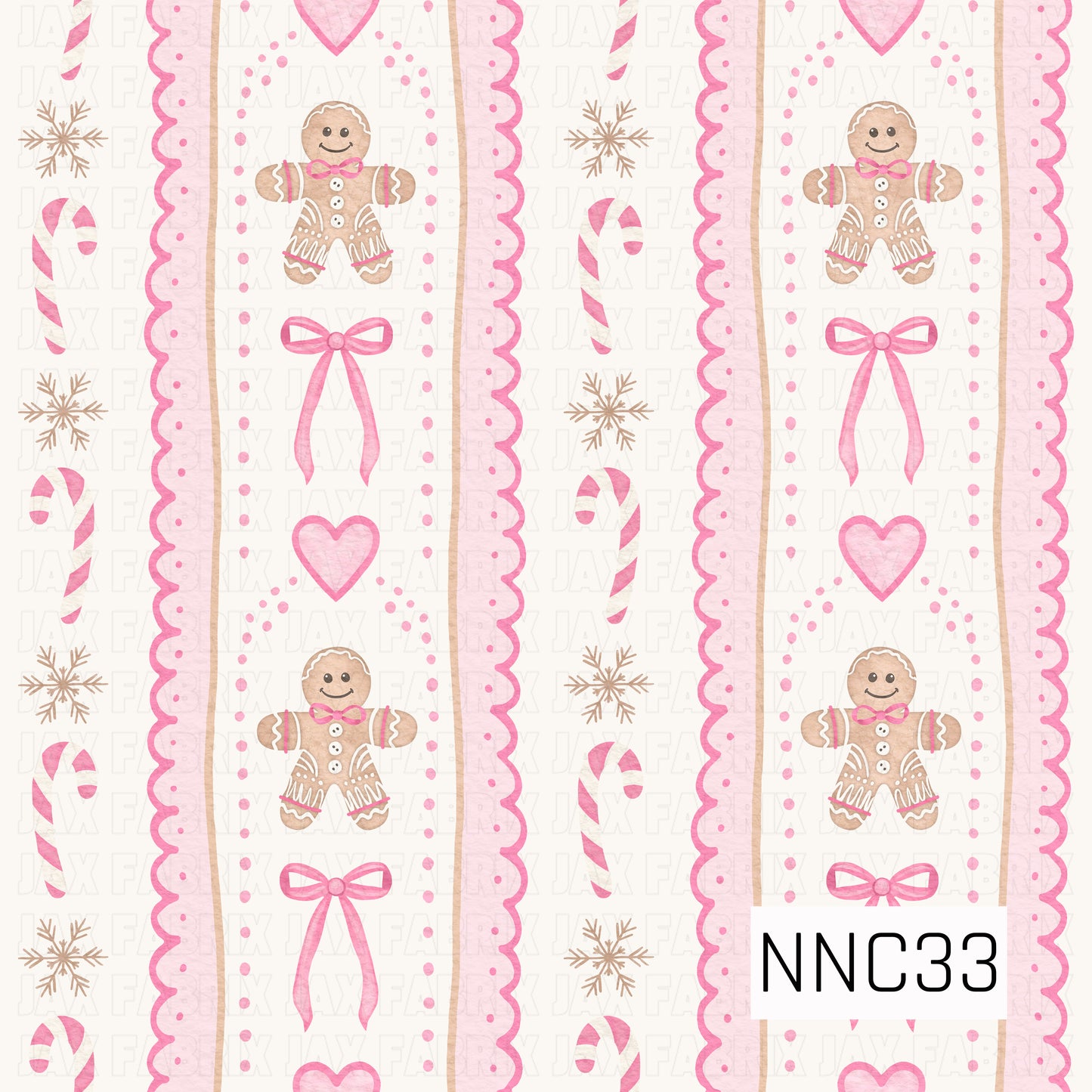 A sweet watercolor stripe pattern featuring gingerbread figures, flowing pink bows, hearts, candy canes, snowflakes, and scalloped pink trim on a creamy background.