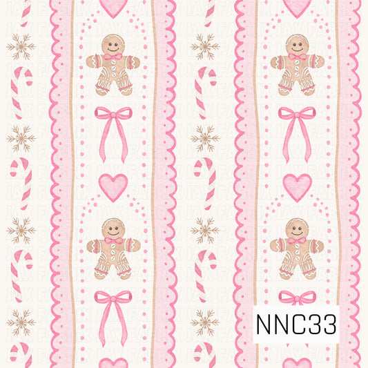 A sweet watercolor stripe pattern featuring gingerbread figures, flowing pink bows, hearts, candy canes, snowflakes, and scalloped pink trim on a creamy background.