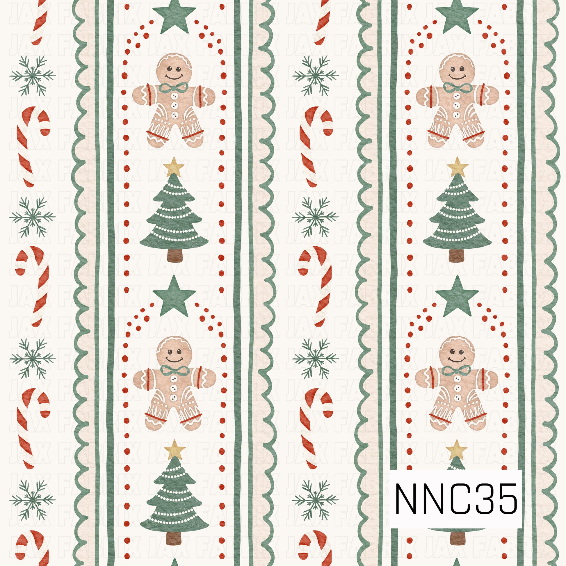 A festive watercolor stripe pattern featuring gingerbread figures, decorated evergreen trees, stars, candy canes, snowflakes, red dotted accents, and sage scalloped borders.