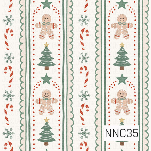 A festive watercolor stripe pattern featuring gingerbread figures, decorated evergreen trees, stars, candy canes, snowflakes, red dotted accents, and sage scalloped borders.
