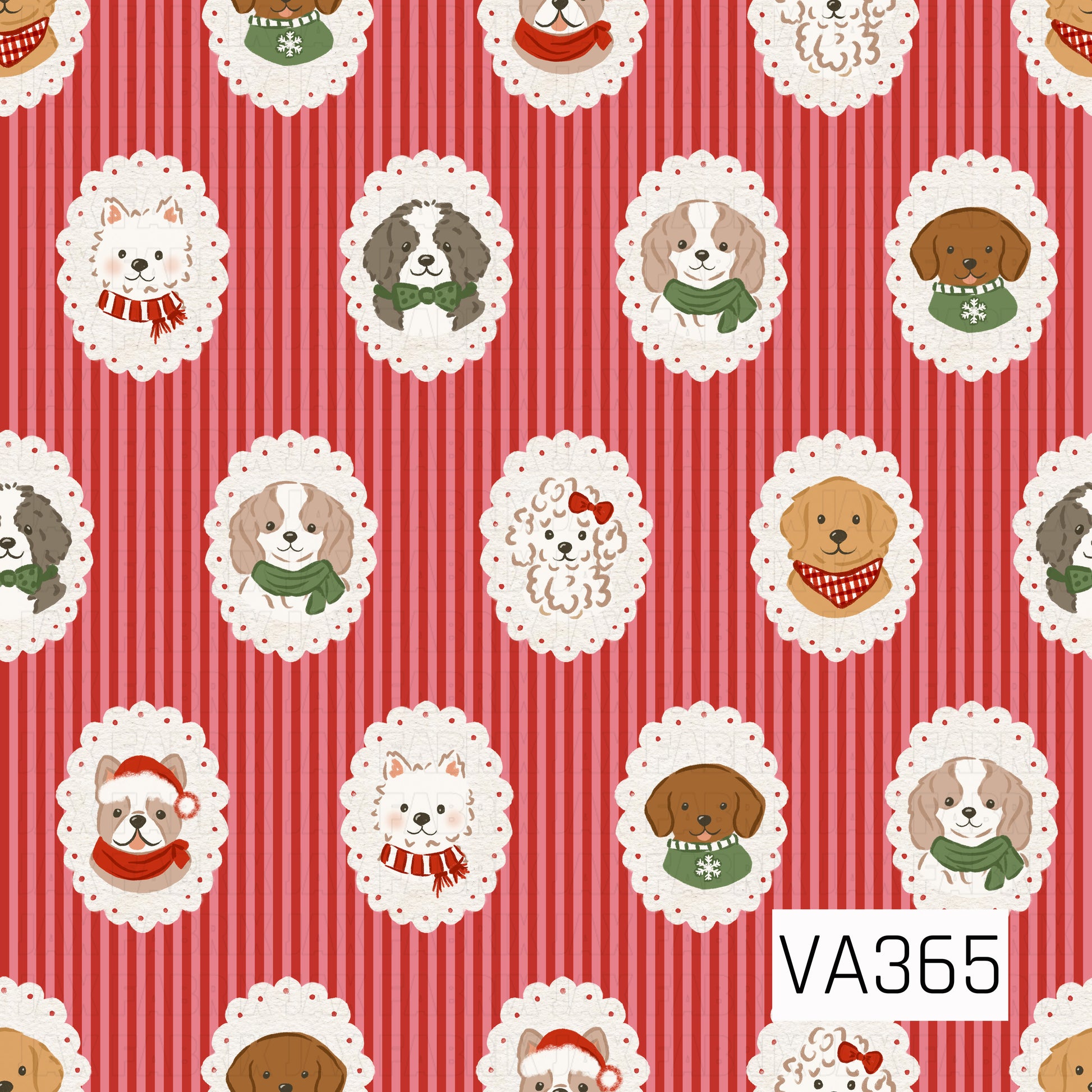 A festive Christmas pattern featuring adorable dogs dressed in cozy holiday accessories, including scarves, sweaters, bows, and Santa hats. Each pup is framed inside a delicate white scalloped cameo, arranged over a playful red and pink striped background.
