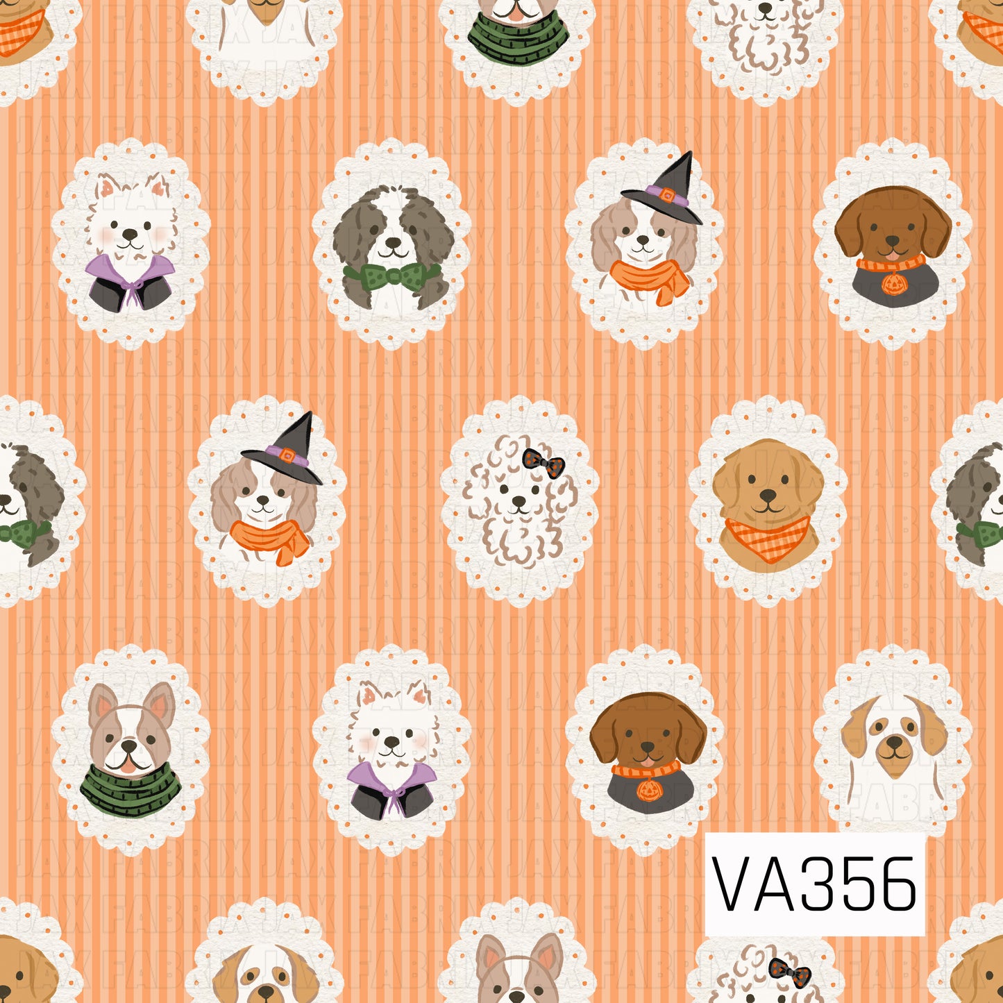 A playful Halloween dog print featuring adorable pups dressed in festive costumes and accessories. Each pup is framed in a scalloped cameo against a warm orange striped background for a cute, vintage-inspired Halloween look.
