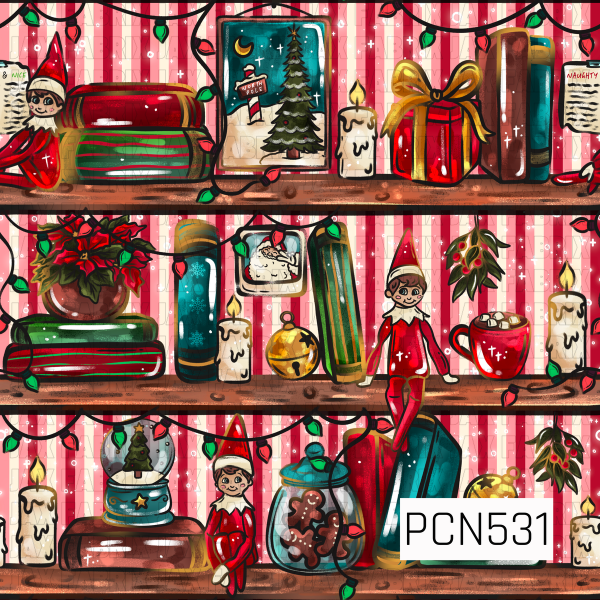 A whimsical Christmas bookshelf pattern featuring festive elves, stacked books, glowing candles, wrapped presents, ornaments, gingerbread cookies, poinsettias, and twinkling holiday lights. A red and pink striped background gives the design a playful candy cane-inspired look.
