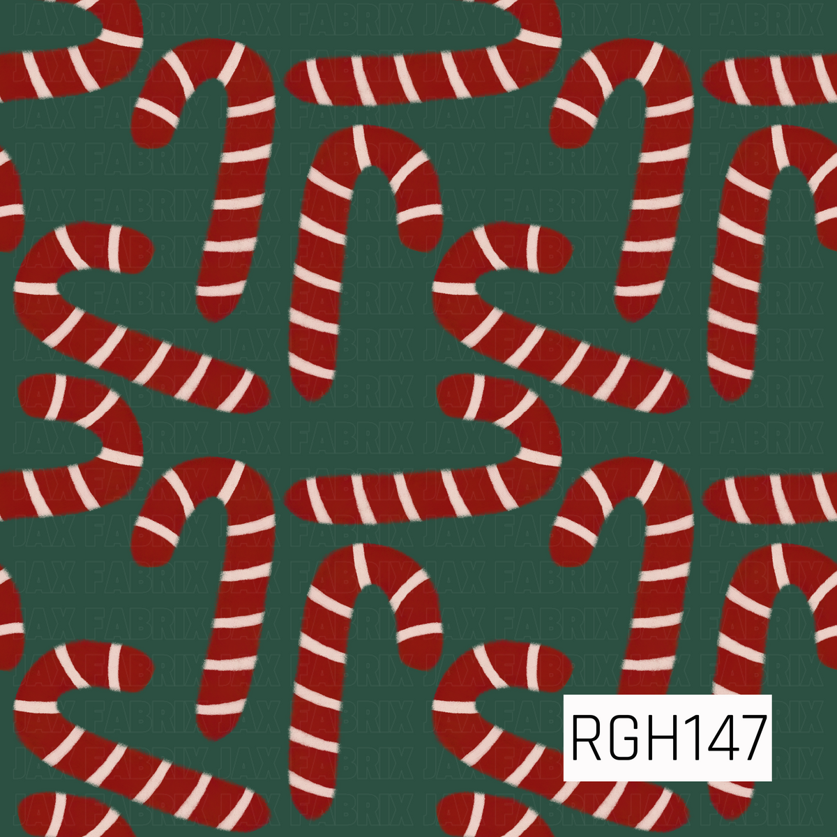A playful Christmas pattern featuring classic red and white striped candy canes scattered in different directions across a deep evergreen background. The bold colors and hand-drawn style give it a fun, festive holiday feel.
