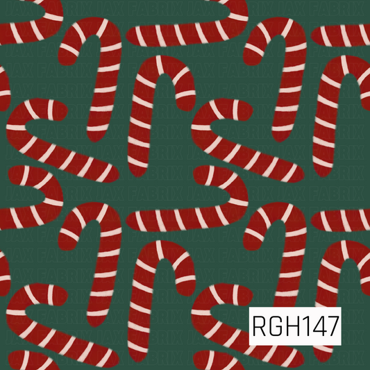 A playful Christmas pattern featuring classic red and white striped candy canes scattered in different directions across a deep evergreen background. The bold colors and hand-drawn style give it a fun, festive holiday feel.
