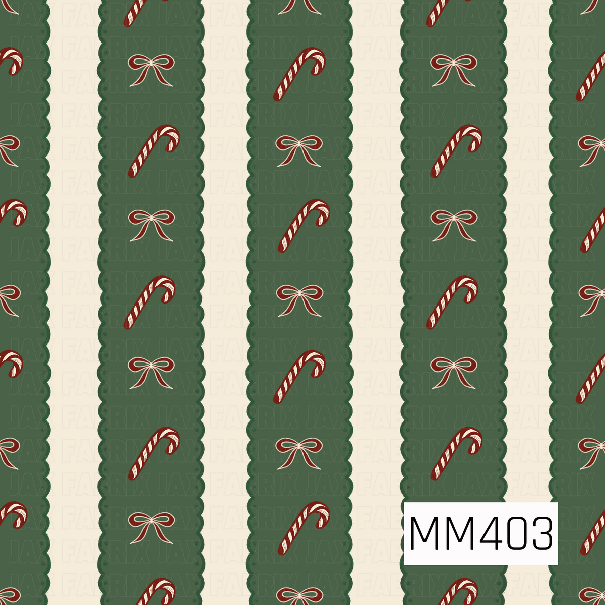 A festive Christmas stripe pattern featuring deep forest green scalloped bands filled with classic red and cream candy canes and delicate red bows. The alternating cream stripes and vintage-inspired color palette give it a cozy, traditional holiday feel.
