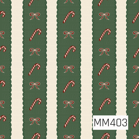 A festive Christmas stripe pattern featuring deep forest green scalloped bands filled with classic red and cream candy canes and delicate red bows. The alternating cream stripes and vintage-inspired color palette give it a cozy, traditional holiday feel.

