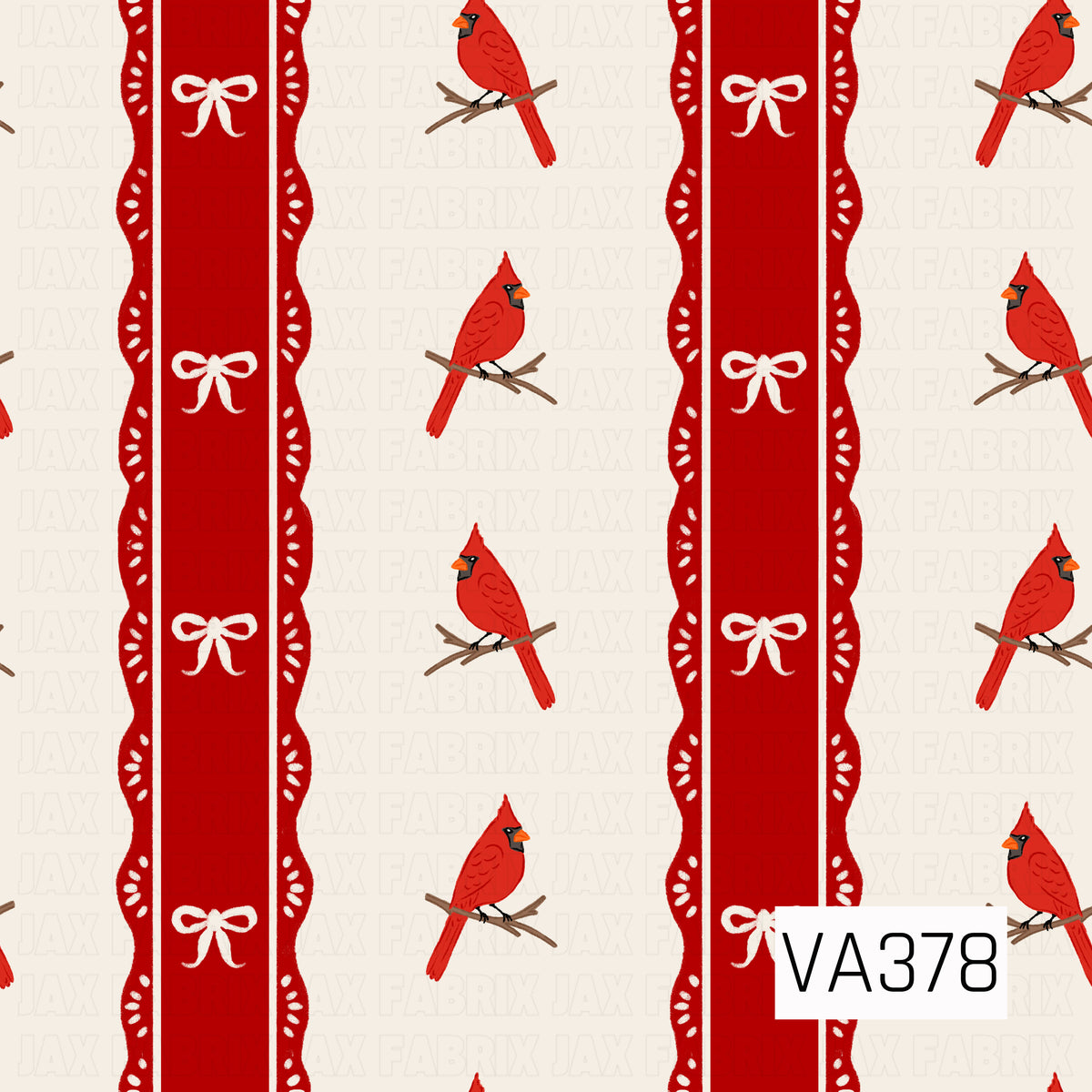 A charming vintage-inspired print featuring bright red cardinals perched on delicate branches against a soft cream background. Bold red vertical stripes with scalloped edges and sweet white bow accents create a classic, feminine look with a festive holiday feel.
