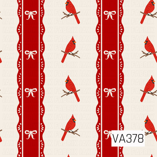 A charming vintage-inspired print featuring bright red cardinals perched on delicate branches against a soft cream background. Bold red vertical stripes with scalloped edges and sweet white bow accents create a classic, feminine look with a festive holiday feel.
