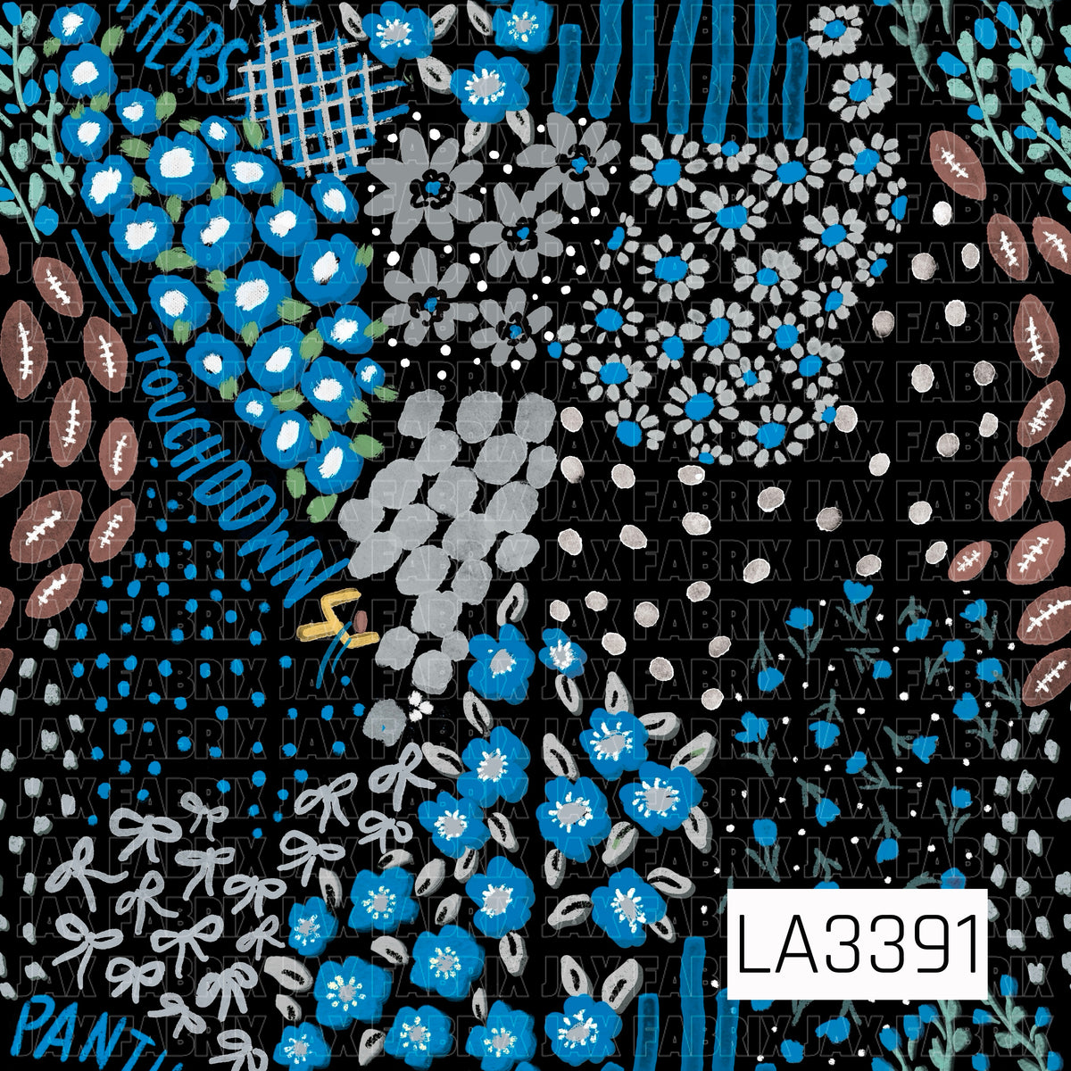 A playful Carolina football-inspired print featuring bright blue, black, silver gray, and white. Hand-painted florals, bows, footballs, scattered dots, stripes, plaid accents, and “Touchdown” lettering create a bold, artsy game day design.
