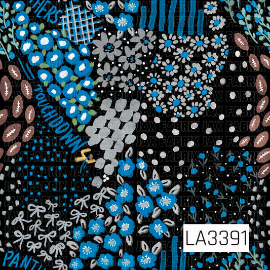 A playful Carolina football-inspired print featuring bright blue, black, silver gray, and white. Hand-painted florals, bows, footballs, scattered dots, stripes, plaid accents, and “Touchdown” lettering create a bold, artsy game day design.
