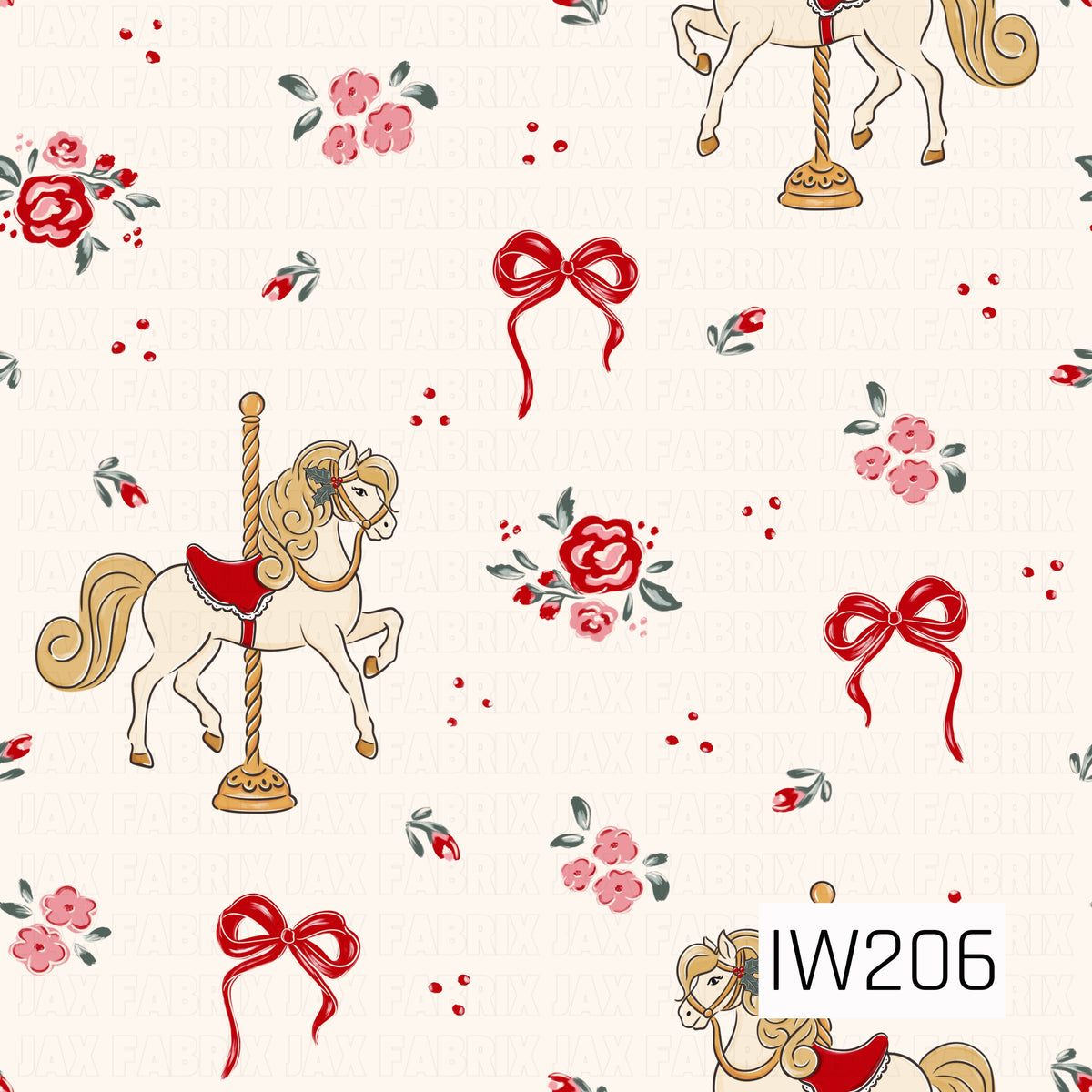 A whimsical vintage Christmas pattern featuring elegant cream carousel horses with flowing golden manes, red saddles, and delicate holly accents. Surrounded by bright red ribbon bows, clusters of red and pink roses, tiny floral sprigs, and scattered red berries against a soft ivory background for a sweet, nostalgic holiday feel.