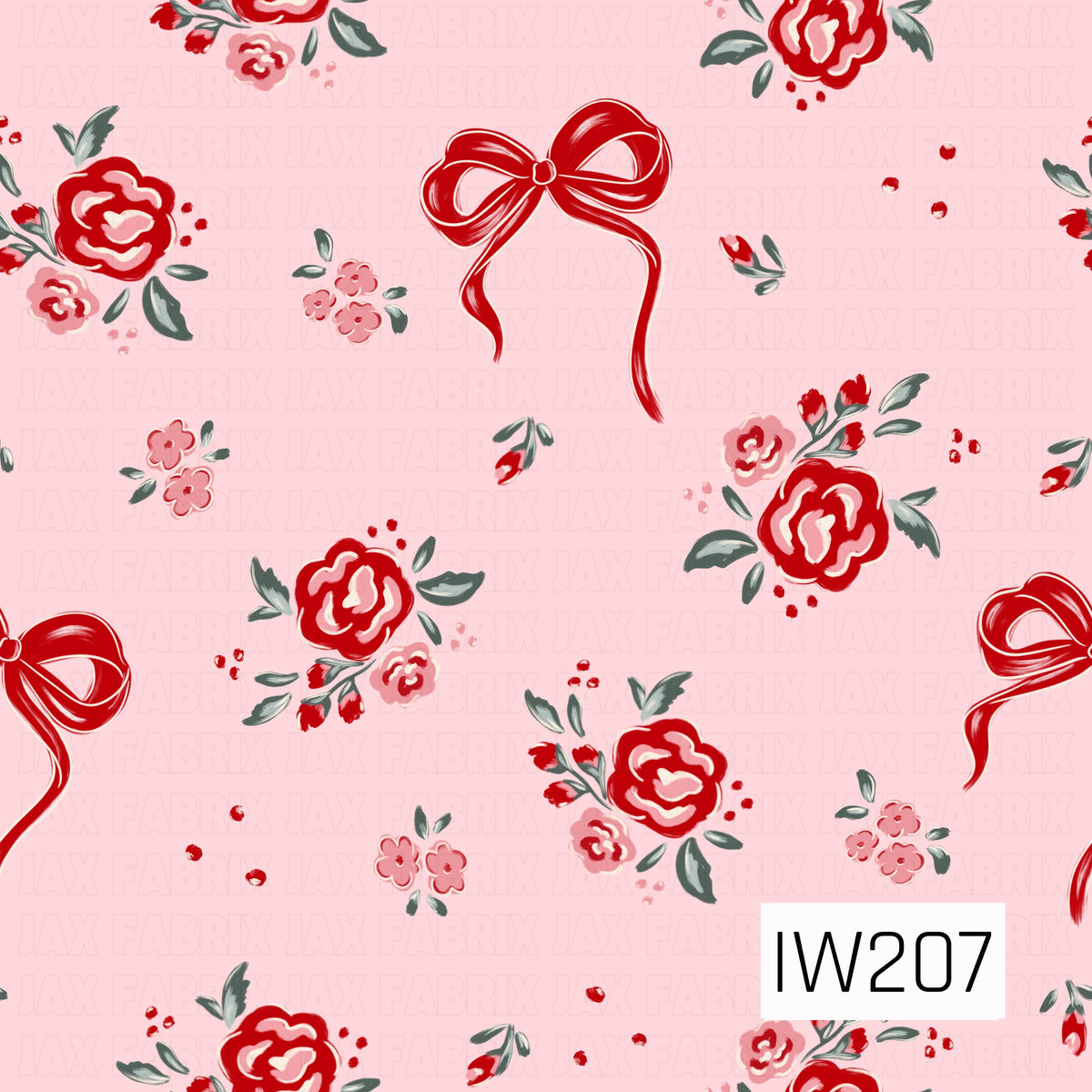 A sweet vintage-inspired floral pattern featuring bold red and soft pink roses, delicate floral sprigs, sage green leaves, and flowing red ribbon bows scattered across a light blush pink background. Small red accents add a playful touch to this romantic, feminine design.