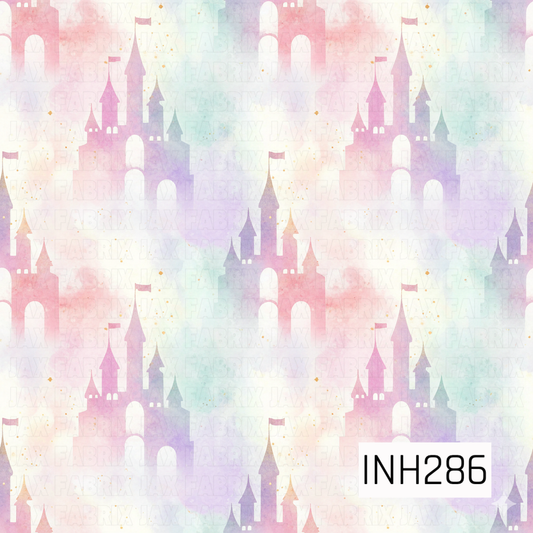 Pattern of pastel-colored castle silhouettes on a light background