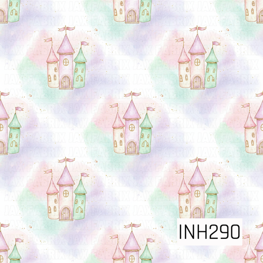 Pattern of pastel-colored castles on a soft gradient background 