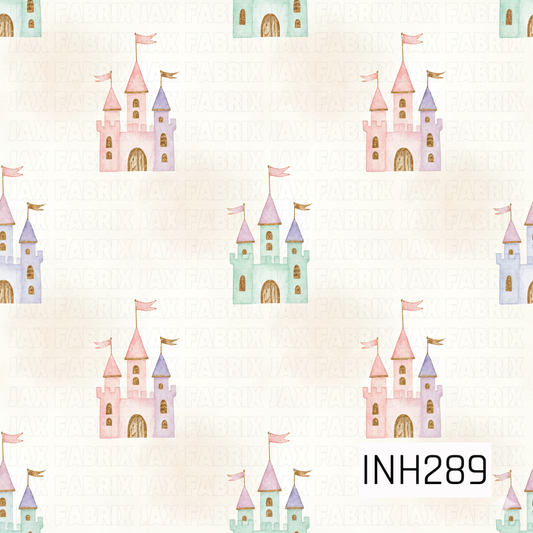 Pattern of small castles with colorful towers and flags on a light background.