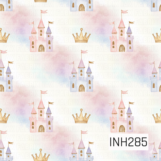 Pattern of fairy tale castles and crowns on a pastel background 