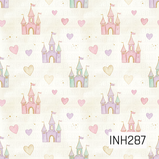 Pattern of pastel-colored castles and hearts on a light background 