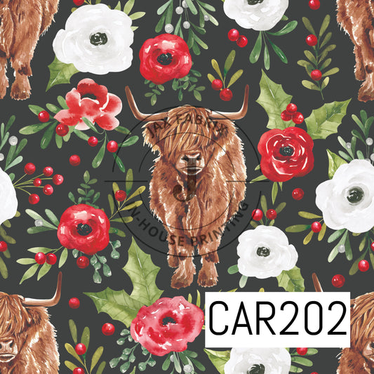 Holly And Pine Highland Cow Floral Black CAR202