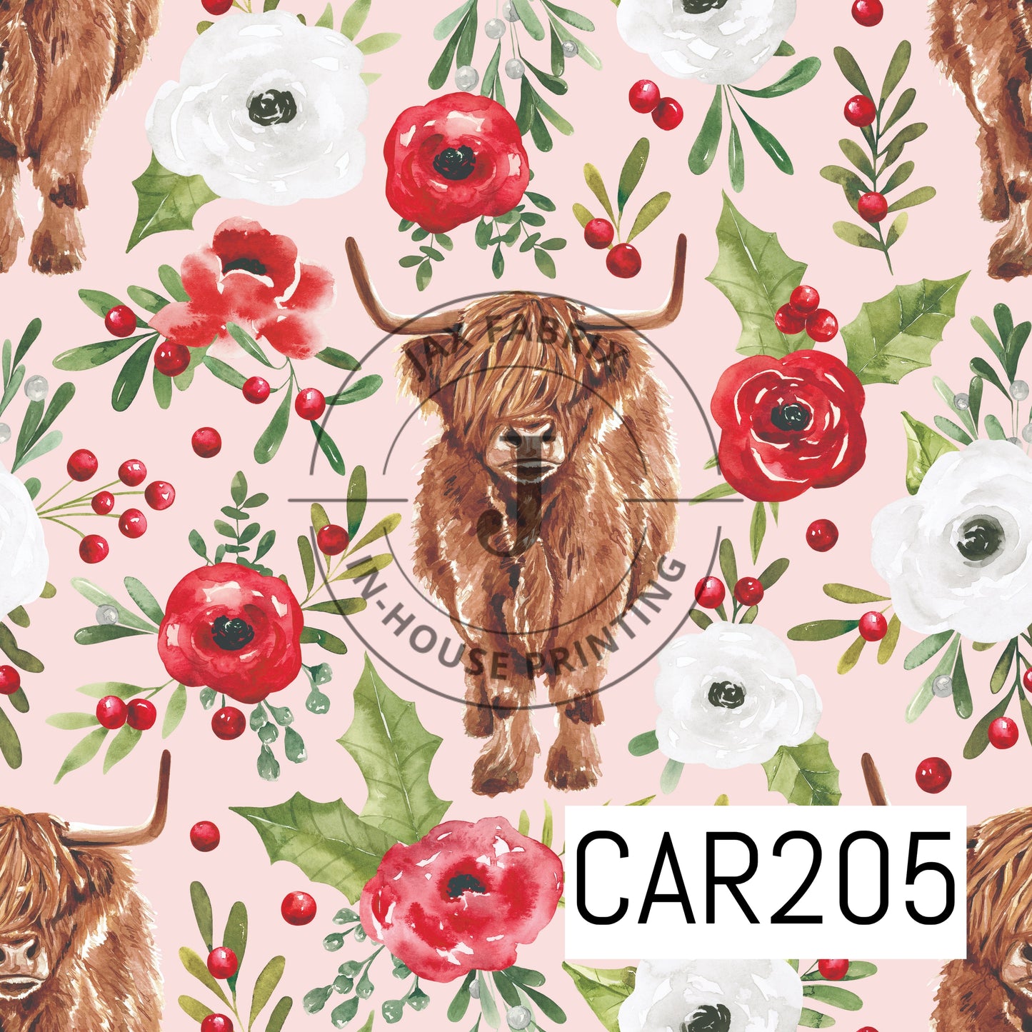 Holly And Pine Highland Cow Floral Pink CAR205