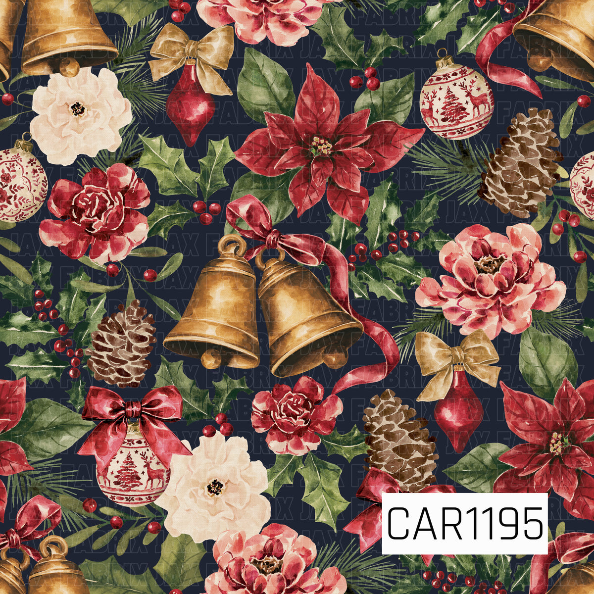 A rich watercolor Christmas floral featuring golden bells, red poinsettias, blush and ivory florals, holly leaves, red berries, pinecones, vintage-style ornaments and flowing ribbon accents. A deep navy background gives the traditional red, green and gold palette a dramatic, elegant holiday feel.
