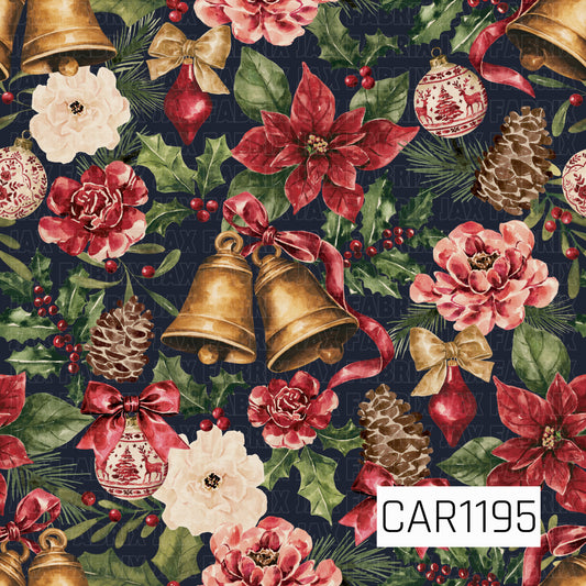 A rich watercolor Christmas floral featuring golden bells, red poinsettias, blush and ivory florals, holly leaves, red berries, pinecones, vintage-style ornaments and flowing ribbon accents. A deep navy background gives the traditional red, green and gold palette a dramatic, elegant holiday feel.
