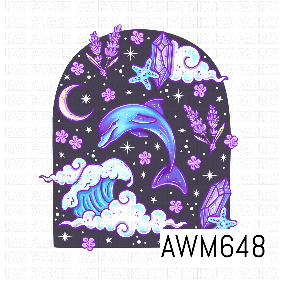 A dreamy celestial PNG design featuring a blue and purple dolphin surrounded by crashing waves, crescent moons, sparkling stars, lavender flowers, crystals and starfish. Deep charcoal, aqua and vibrant purple create a magical nighttime ocean feel.