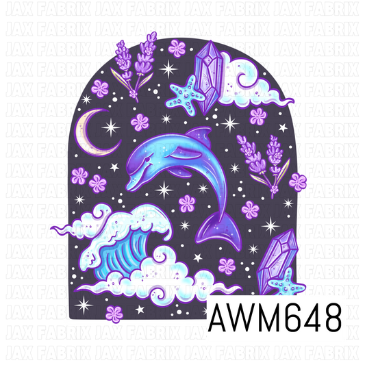 A dreamy celestial PNG design featuring a blue and purple dolphin surrounded by crashing waves, crescent moons, sparkling stars, lavender flowers, crystals and starfish. Deep charcoal, aqua and vibrant purple create a magical nighttime ocean feel.