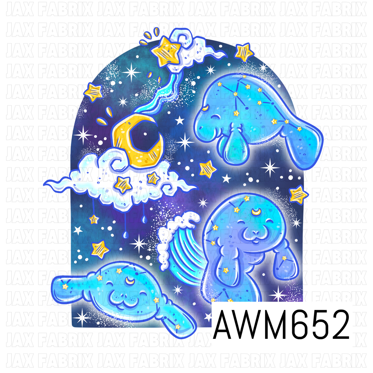 A dreamy celestial PNG design featuring sweet blue manatees surrounded by crescent moons, fluffy clouds, ocean waves and sparkling stars. Deep navy, aqua, turquoise and golden yellow create a magical nighttime ocean feel.