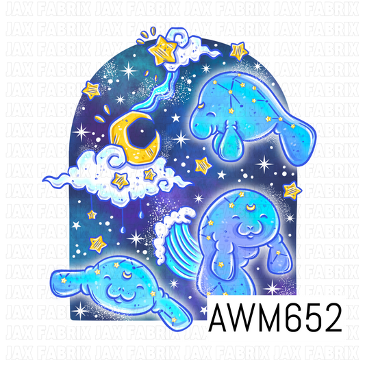 A dreamy celestial PNG design featuring sweet blue manatees surrounded by crescent moons, fluffy clouds, ocean waves and sparkling stars. Deep navy, aqua, turquoise and golden yellow create a magical nighttime ocean feel.